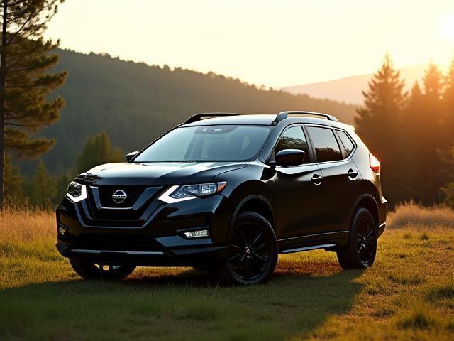 Nissan X-Trail SUV negro estacionado en paisaje natural