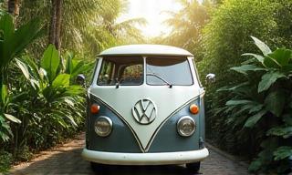 Van familiar estacionada con fondo de árbol tropical