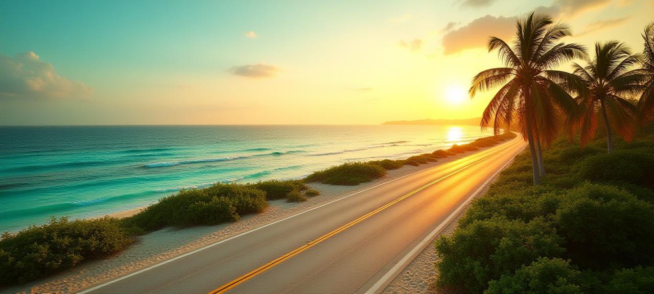 Carretera tropical con playa al borde en Cancún